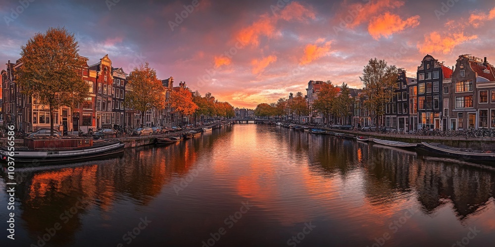 Fototapeta premium The picturesque canals of Amsterdam, lined with charming houses, reflect the golden glow of the setting sun. The River Amstel flows through the heart of the city, adding to its timeless beauty.