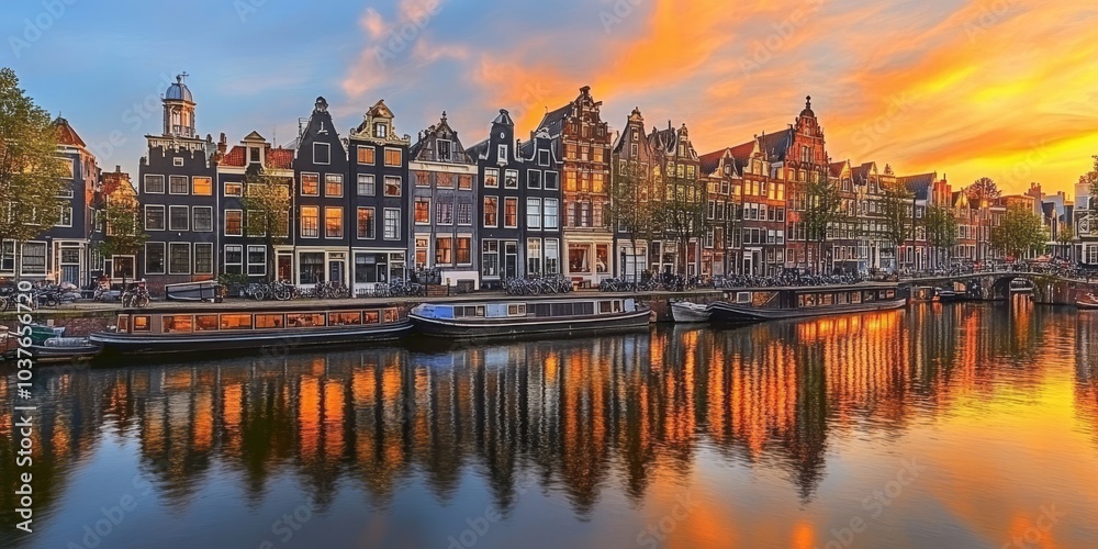 Fototapeta premium The picturesque canals of Amsterdam, lined with charming houses, reflect the golden glow of the setting sun. The River Amstel flows through the heart of the city, adding to its timeless beauty.