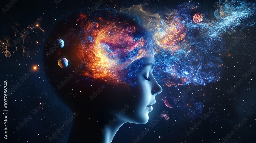 A Creative Mind Shown as a Galaxy with Swirling Stars and Nebulae A Creative Mind Shown as a Galaxy with Swirling Stars and Nebulae