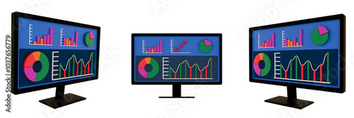 3D monitor displaying infographics. Statistical data with growth and decline charts. Isolated on a transparent background