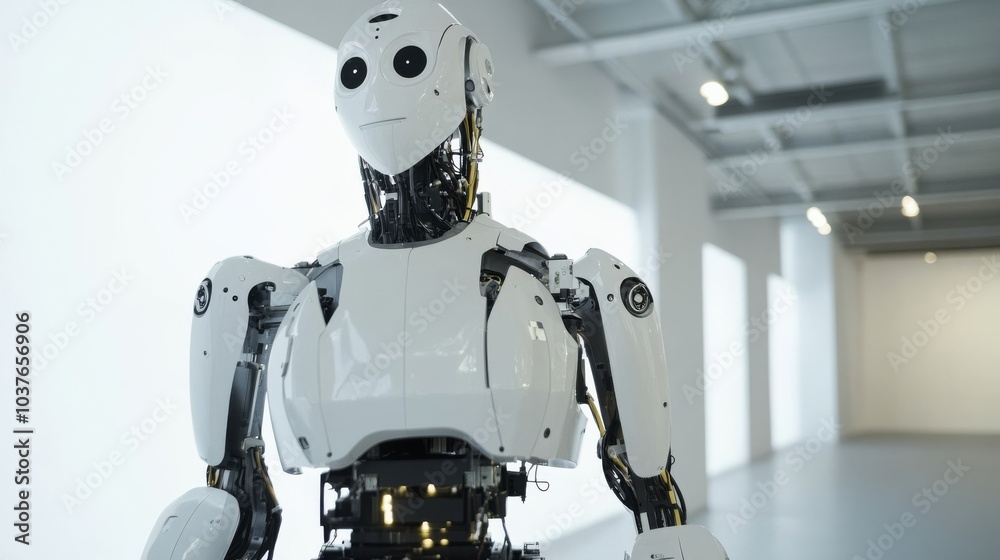 A robotic artist creating interactive digital installations in an art gallery, innovative technology and visitor engagement, Interactive art style A robotic artist creating interactive digital installations in an art gallery, innovative technology and visitor engagement, Interactive art style
