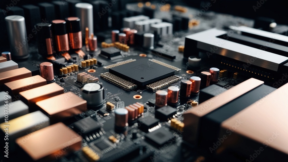 Hightech closeup of a microchip on a circuit board, illustrating advanced technology and electronic innovation in hardware components