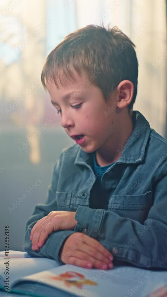 Vertical video close-up of a boy child reading a book in the nursery. Vertical video close-up of a boy child reading a book in the nursery.