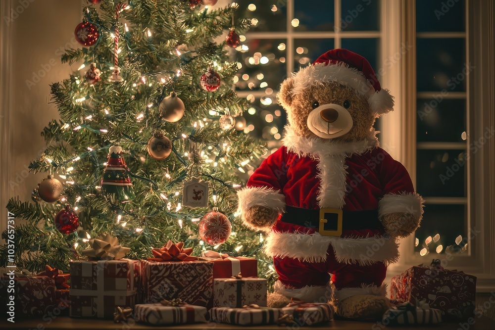 A Santa-suited teddy bear stands next to a glowing Christmas tree, surrounded by gifts; embodying the holiday spirit. A Santa-suited teddy bear stands next to a glowing Christmas tree, surrounded by gifts; embodying the holiday spirit.