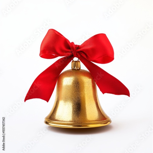 A gleaming golden bell adorned with a bright red bow. This elegant decoration adds charm to any festive occasion. Perfect for Christmas and New Year celebrations. AI