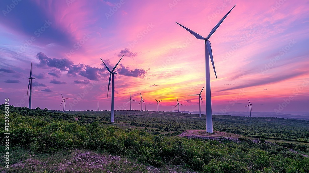 Obraz premium Wind turbines stand tall against a vibrant sunset sky.