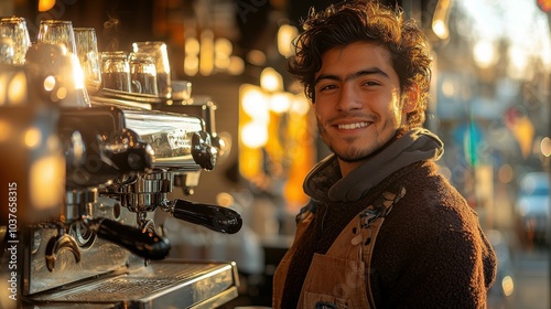 A young Latin American man stands confidently behind an espresso machine, smiling warmly at the camera in a cozy coffee shop atmosphere. photo