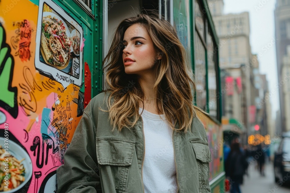 Woman in Green Jacket Looking Away from the Camera in Urban Setting Woman in Green Jacket Looking Away from the Camera in Urban Setting