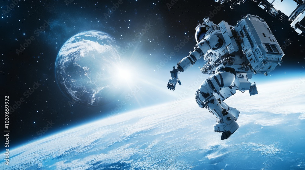 Fototapeta premium A robotic astronaut conducting experiments aboard a space station orbiting Earth, floating equipment and planet view, Space exploration style