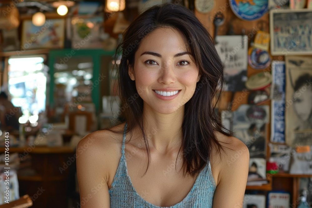 Portrait of a smiling woman with long dark hair, wearing a blue and white tank top Portrait of a smiling woman with long dark hair, wearing a blue and white tank top