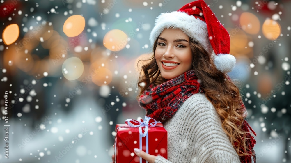 Cheerful curly haired woman in Santa hat with red gift box on a festive evening street banner empty space Cheerful curly haired woman in Santa hat with red gift box on a festive evening street banner empty space