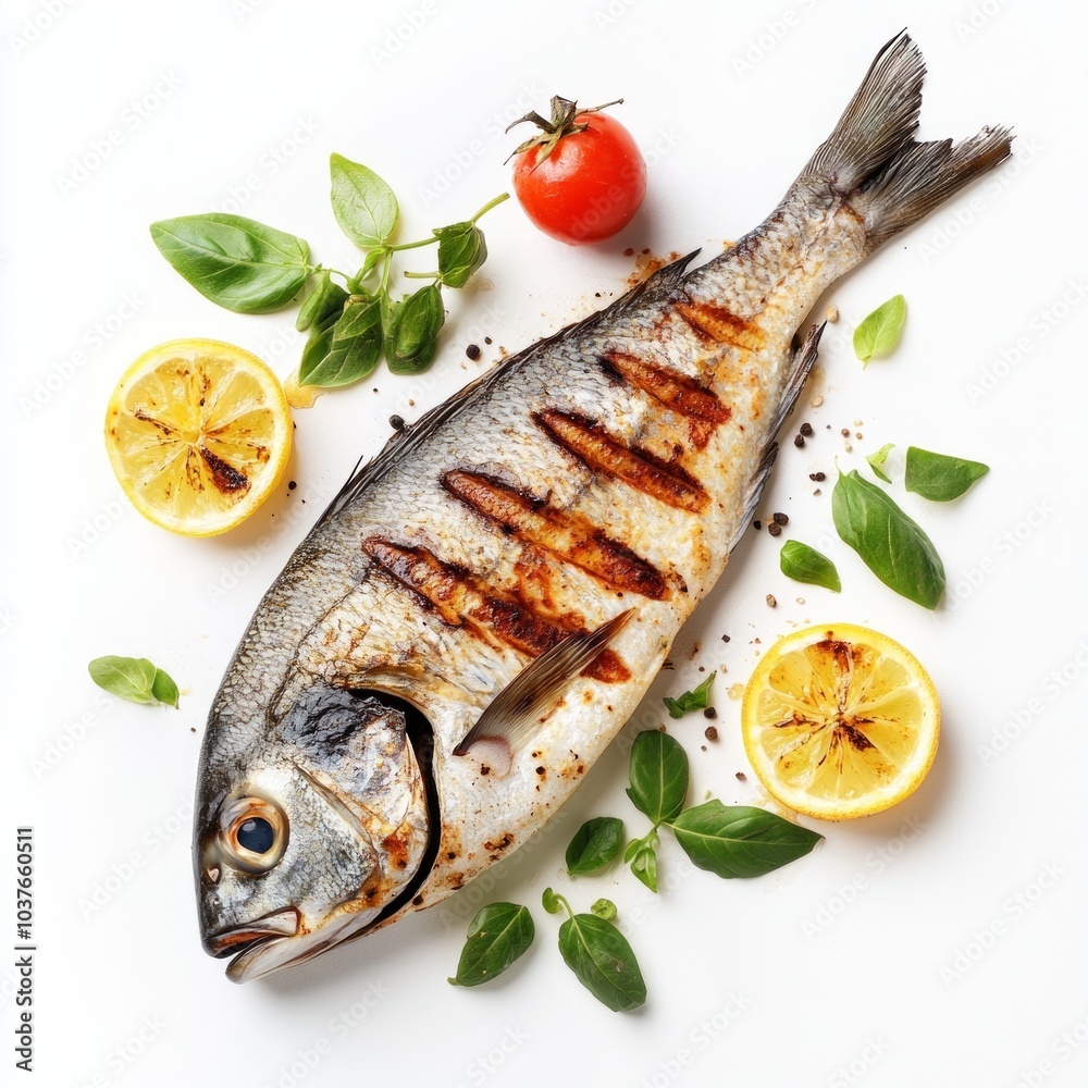 Grilled fish garnished with herbs and vegetables. This delicious dish features a whole fish, beautifully presented with lemon slices and fresh basil. Ideal for food blogs and cooking websites. AI Grilled fish garnished with herbs and vegetables. This delicious dish features a whole fish, beautifully presented with lemon slices and fresh basil. Ideal for food blogs and cooking websites. AI