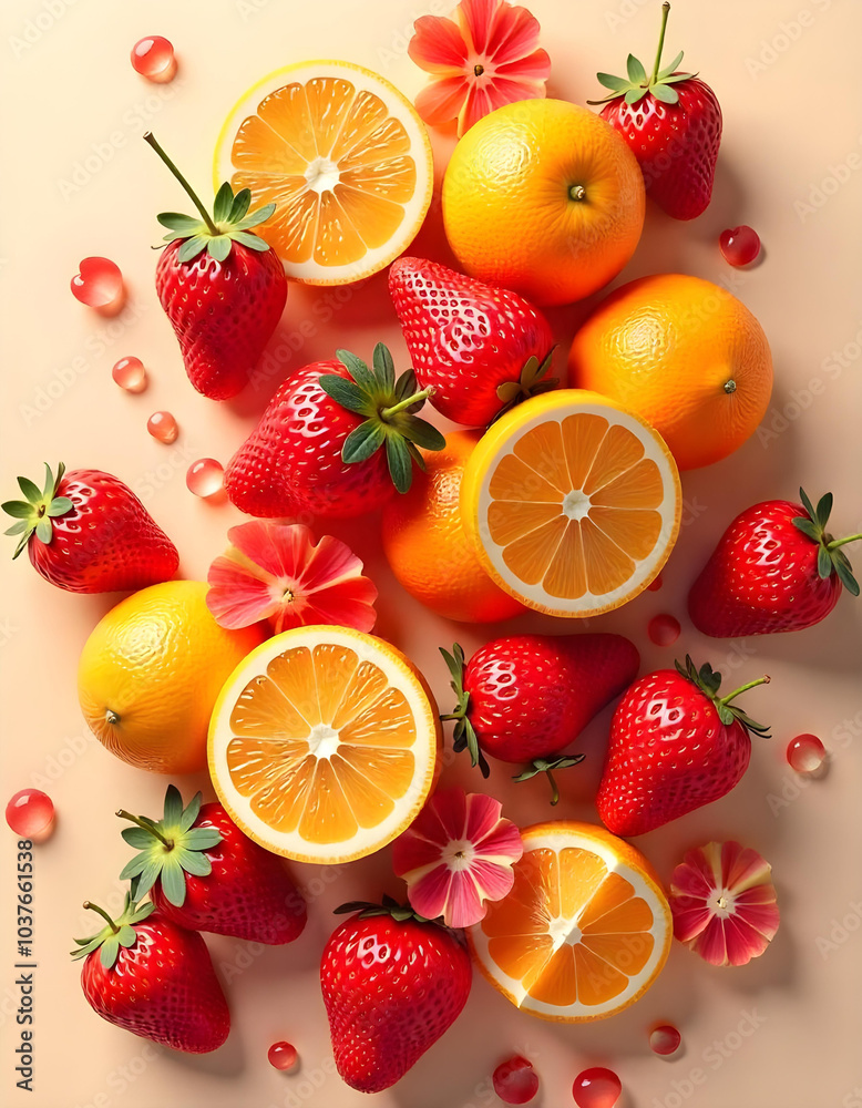 burst of strawberry and Orange vibrant pattern, and aroma from a ripe tangerine, top view, isolated soft color background burst of strawberry and Orange vibrant pattern, and aroma from a ripe tangerine, top view, isolated soft color background