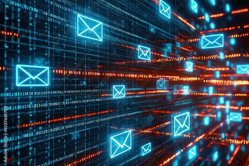 A network visualization filled with binary code and secure email icons, portraying a fortified digital communication system. A network visualization filled with binary code and secure email icons, portraying a fortified digital communication system.