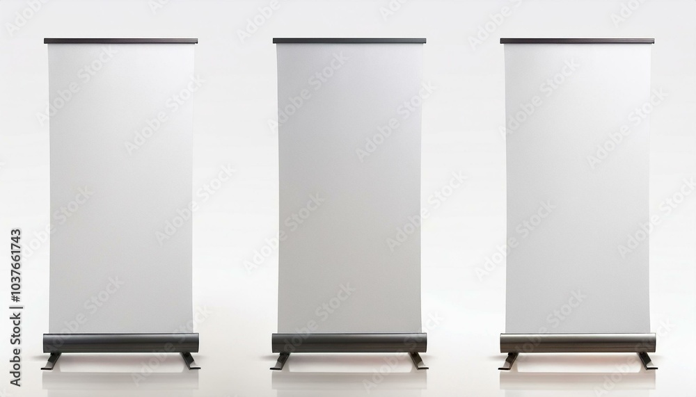 Three blank roll-up banners standing side by side on a white background. 3D rendering. Concept of advertisement and promotion mockup
