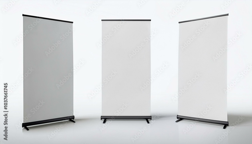 Three blank roll-up banners standing side by side on a white background. 3D rendering. Concept of advertisement and promotion mockup Three blank roll-up banners standing side by side on a white background. 3D rendering. Concept of advertisement and promotion mockup