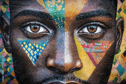 Close-up Mosaic Portrait of a Black Man with Intricate Geometric Patterns