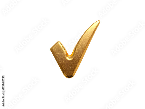 3d golden tick. A shiny gold tick mark, often symbolizing confirmation or correct choice.
