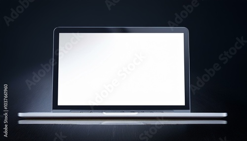 Wide-angle view of a silver laptop with a blank screen on a dark background, tech presentation concept. 3D Rendering