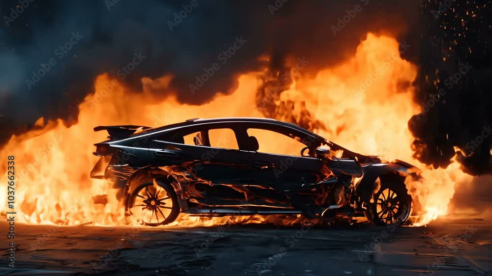 An Intense and Dramatic Car Blaze Occurs at Night Amidst a Dark Urban Background Scene An Intense and Dramatic Car Blaze Occurs at Night Amidst a Dark Urban Background Scene