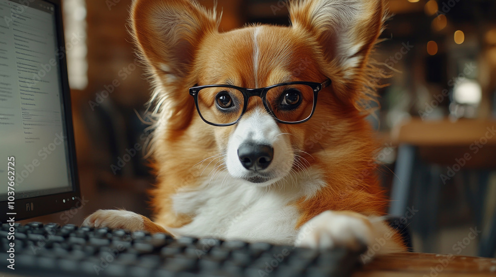 A playful Corgi with glasses sits at a desk, interacting with a computer in a delightful café atmosphere filled with warm light A playful Corgi with glasses sits at a desk, interacting with a computer in a delightful café atmosphere filled with warm light