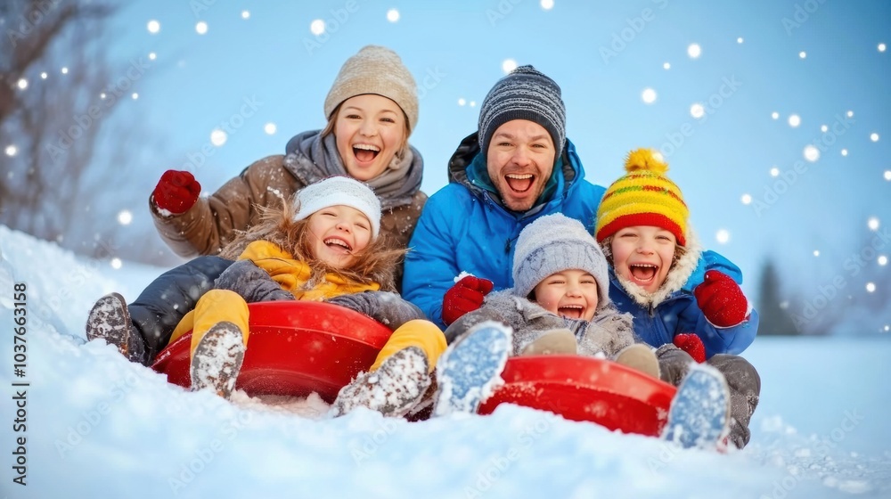 Family enjoying a fun day sledding in the snow, surrounded by falling snowflakes, AI Family enjoying a fun day sledding in the snow, surrounded by falling snowflakes, AI