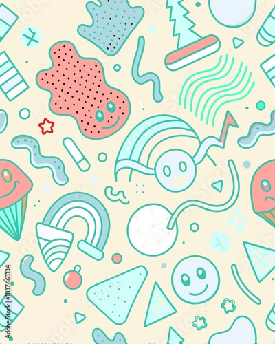 seamless pattern with cream. Fun colorful line doodle seamless pattern. Creative minimalist style art background for children or trendy design with basic shapes. Simple childish scribble backdrop.