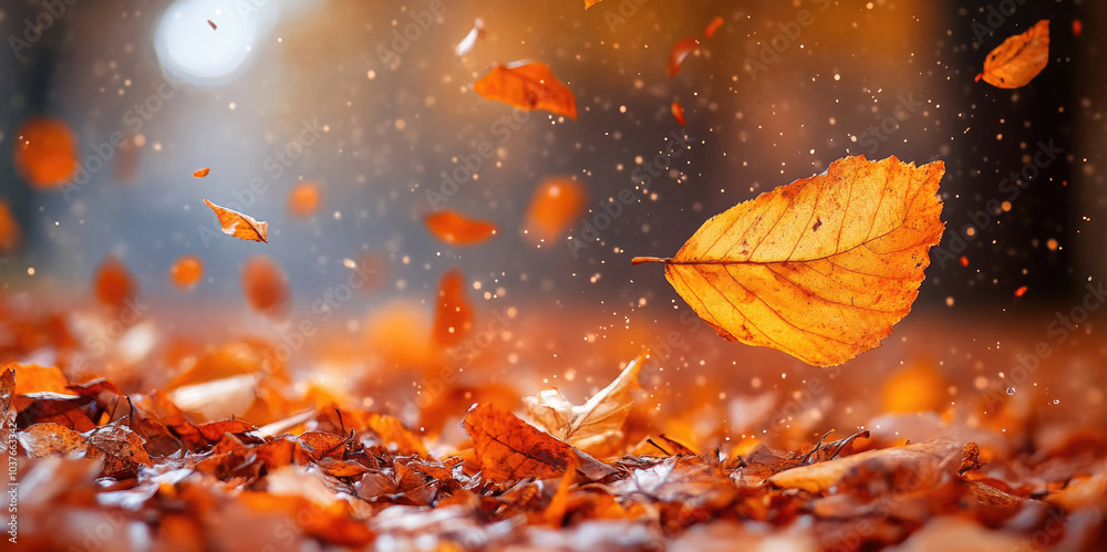 Golden and orange leaves dance in the breeze, creating a picturesque autumn moment in the tranquil park during a sunny afternoon Golden and orange leaves dance in the breeze, creating a picturesque autumn moment in the tranquil park during a sunny afternoon