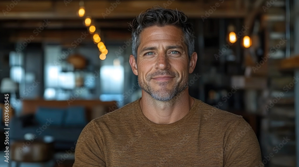 The man sitting in a stylish loft environment exudes warmth and friendliness, with a soft smile and a relaxed demeanor The man sitting in a stylish loft environment exudes warmth and friendliness, with a soft smile and a relaxed demeanor