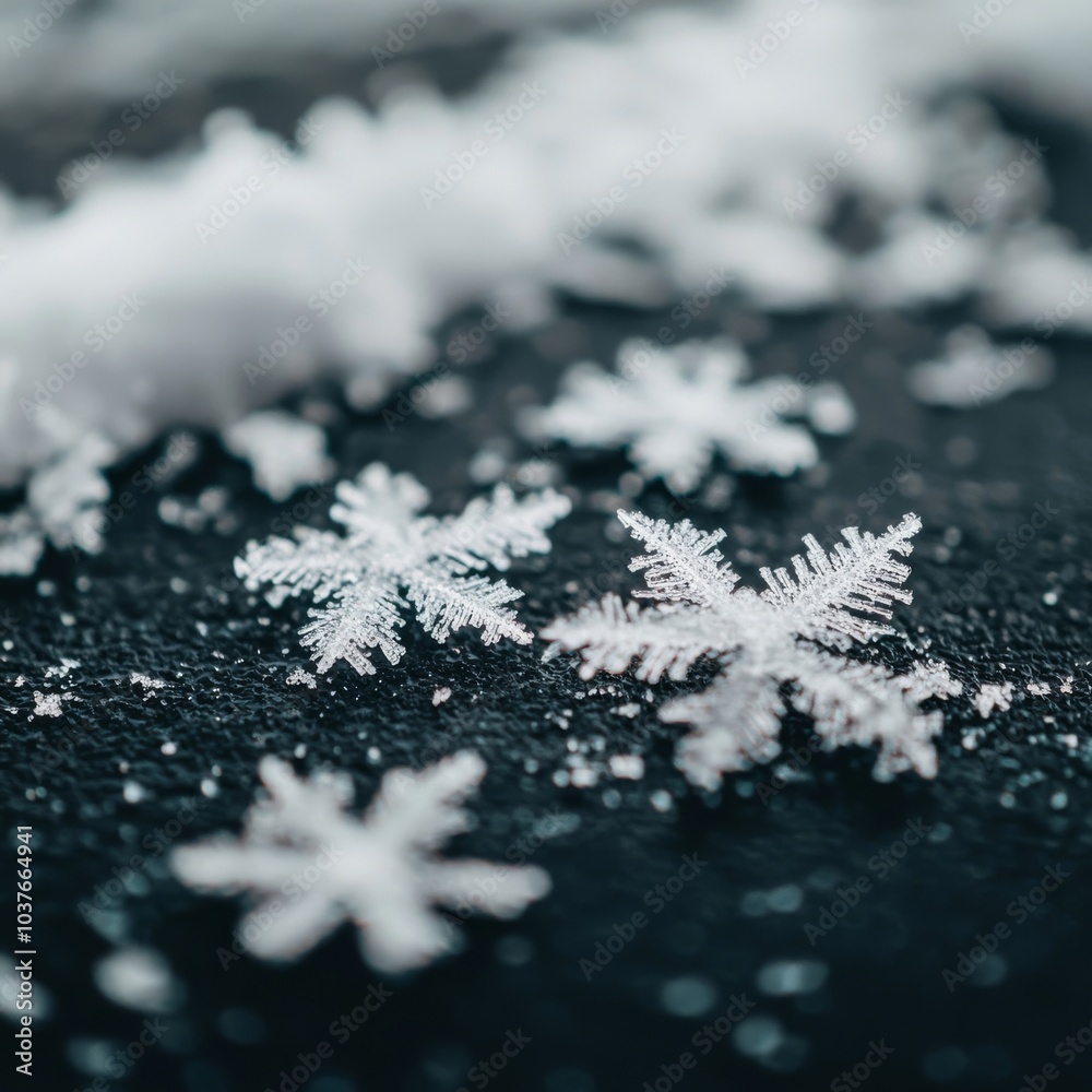 Close-up of delicate snowflakes on a dark surface, showcasing their intricate patterns and winter beauty. Close-up of delicate snowflakes on a dark surface, showcasing their intricate patterns and winter beauty.