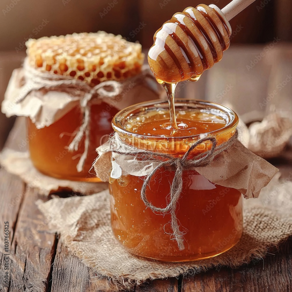 Two jars of golden honey with a wooden dipper drizzling honey, on rustic wooden background, creating a warm and inviting atmosphere. Two jars of golden honey with a wooden dipper drizzling honey, on rustic wooden background, creating a warm and inviting atmosphere.