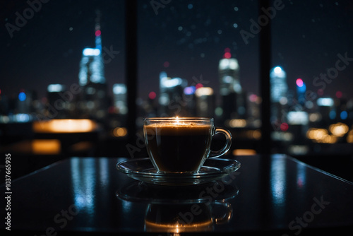 Coffee served in a glass on a table with blurred city lights in the background photo