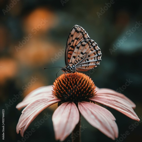 A delicate butterfly perched gracefully on a pink flower, showcasing nature's beauty in a soft, moody atmosphere. photo