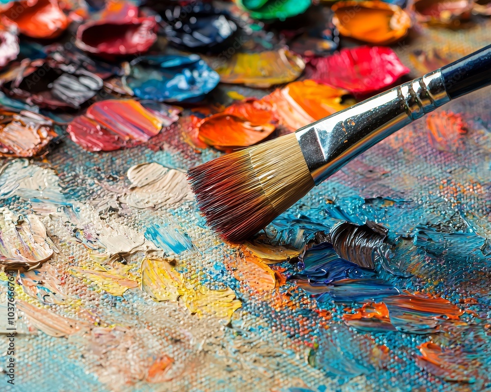Fototapeta premium A close-up of a paintbrush on a vibrant artist palette filled with various colors and textures.