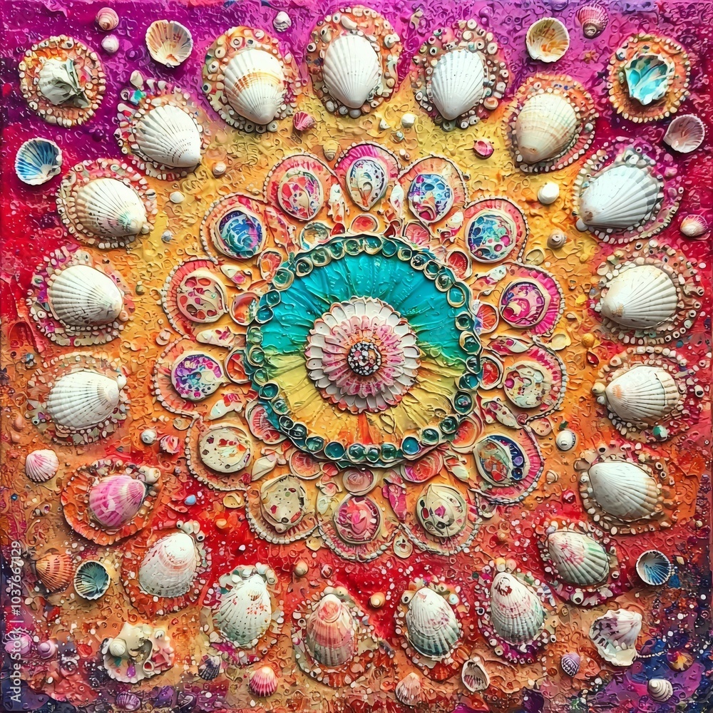 Colorful mandala art made from seashells, showcasing vibrant hues and intricate designs.