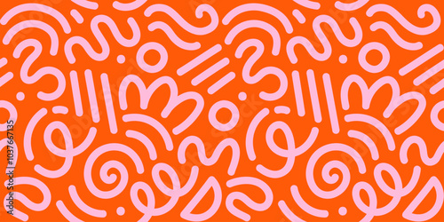 Memphis geometric seamless pattern. Multicolor abstract background in retro 80s, 90s style with various shapes: circles, dots, zigzags, spirals, wavy lines. Bright orange pink cute kid doodle design.