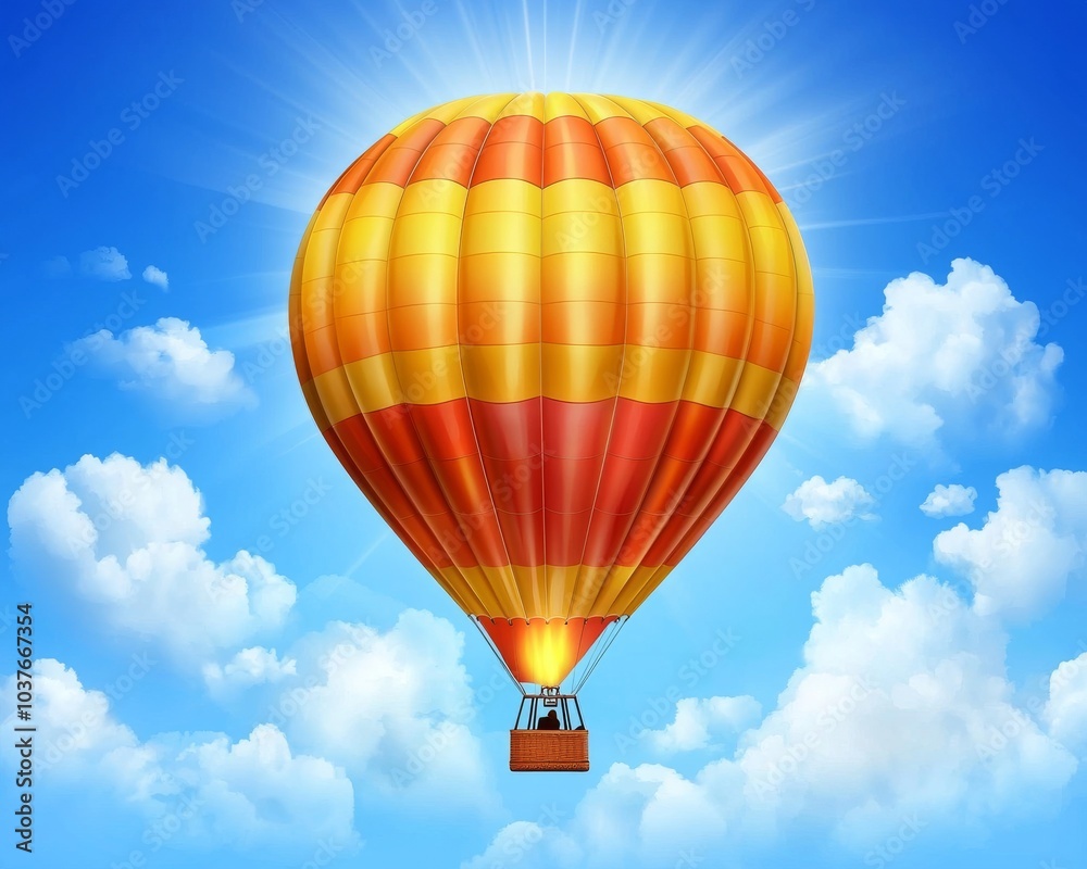 Naklejka premium A vibrant orange and yellow hot air balloon soaring through a bright blue sky filled with fluffy white clouds.