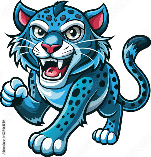 Blue Cartoon Leopard Roaring Fiercely