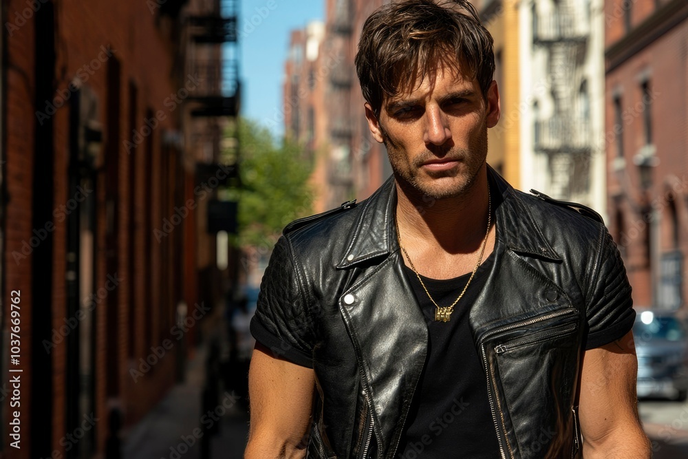 Man in a Black Leather Jacket Standing in a City Alleyway Man in a Black Leather Jacket Standing in a City Alleyway