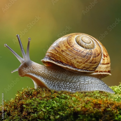 A close-up of a brown shell snail on lush green moss, showcasing intricate shell patterns and delicate antennae.