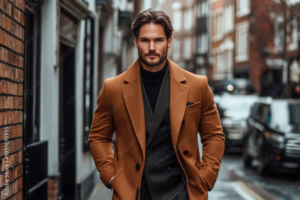 Obraz premium A man in a brown coat stands in a city street
