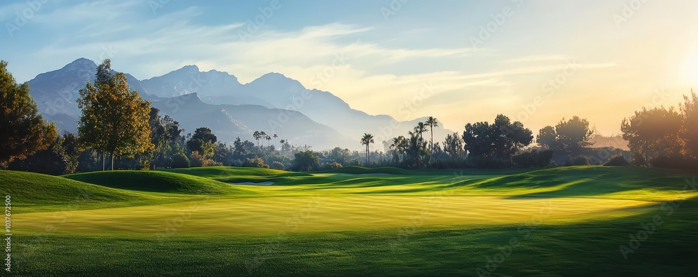 Obraz premium A serene golf course panorama with vibrant greens and a distant mountain backdrop.