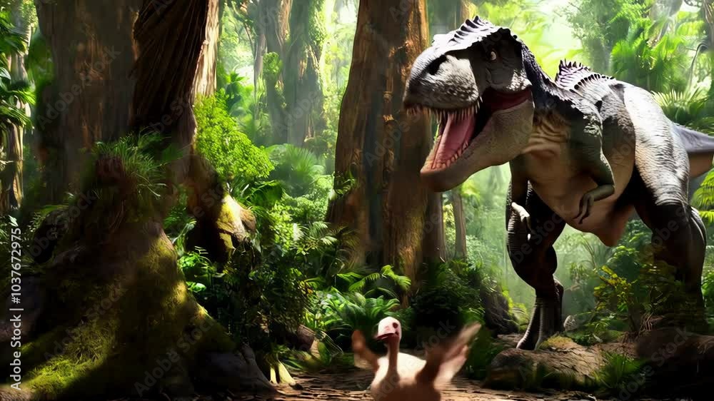 Tyrannosaurus rex dinosaur is chasing a Dodo bird through a lush jungle, showcasing the dangers of the prehistoric world