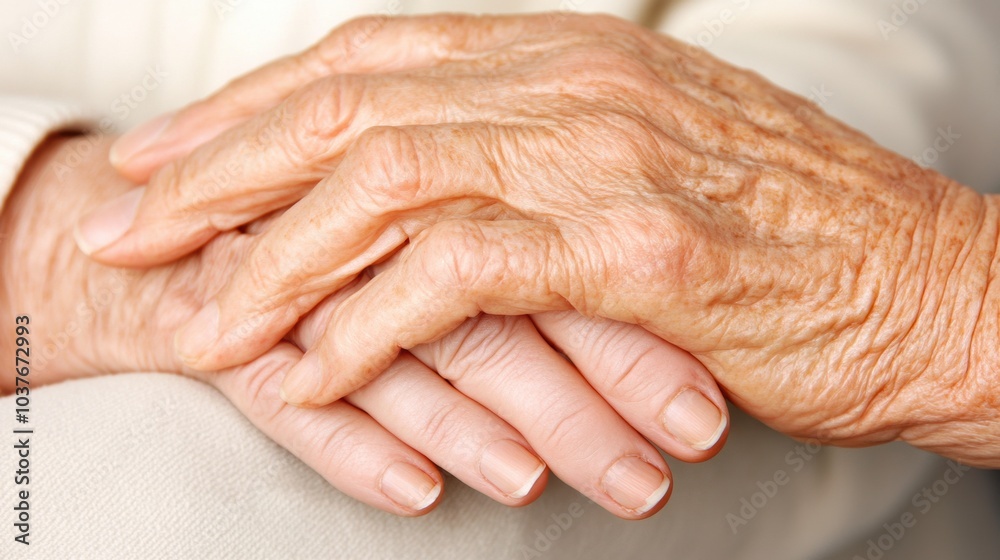 Elderly hands gently resting on younger hands, symbolizing care and connection, AI Elderly hands gently resting on younger hands, symbolizing care and connection, AI