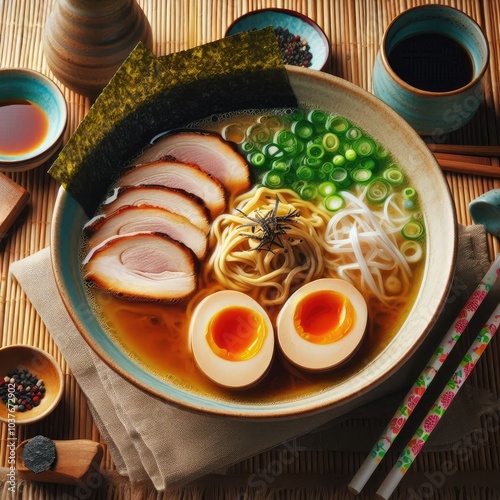 Wallpaper Mural a bowl of ramen, showcasing rich broth with golden-brown chashu pork, halved soft-boiled eggs with runny yolks, and a sprinkle of green onions. Include a piece of nori for added texture. ai Torontodigital.ca