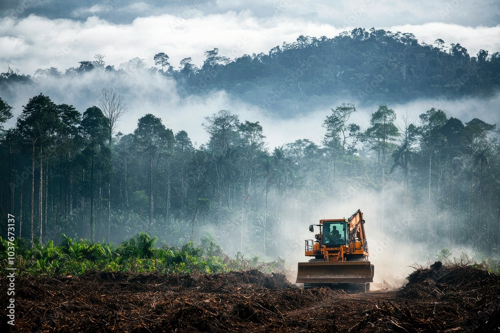 Fototapeta premium Bulldozer Clearing Rainforest Under a Misty Sky