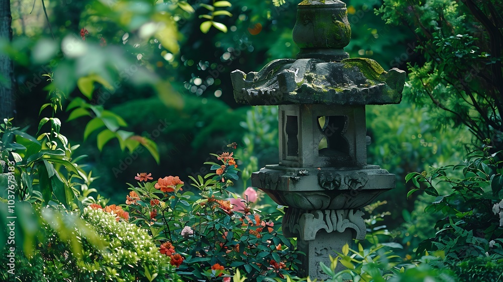 A beautifully detailed shot of a traditional Chinese garden featuring a stone lantern surrounded by lush greenery blooming flowers and scenic natural beauty creating a peaceful and serene environment A beautifully detailed shot of a traditional Chinese garden featuring a stone lantern surrounded by lush greenery blooming flowers and scenic natural beauty creating a peaceful and serene environment
