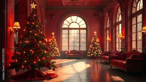 An Elegant Christmas Interior featuring Festive Trees adorned with Soft and Cozy Lighting