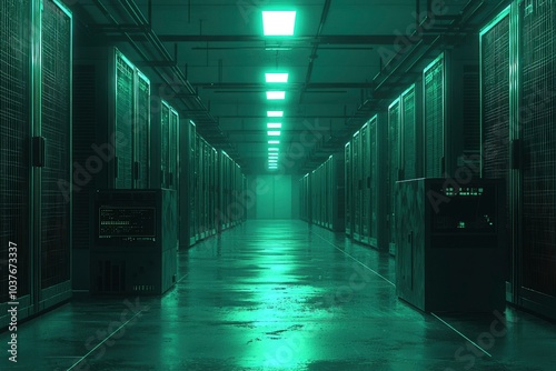 Server Room Corridor with Green Lighting and Wet Floor