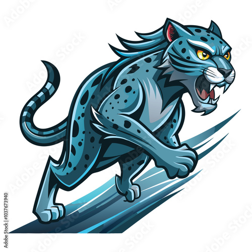 Ferocious Blue Snow Leopard Leaping Forward